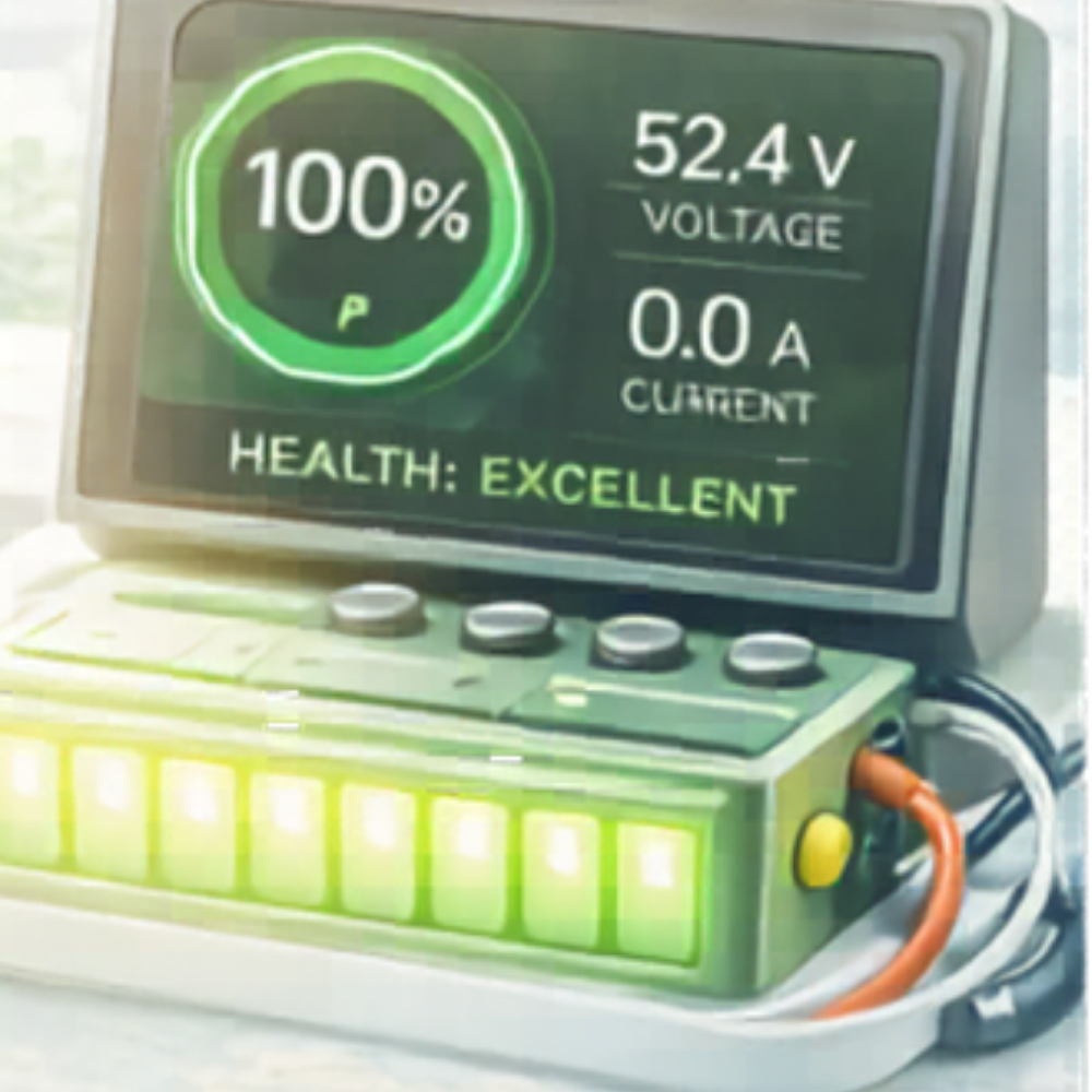 Battery monitor displaying 100 percent charge and optimal performance for golf cart battery system
