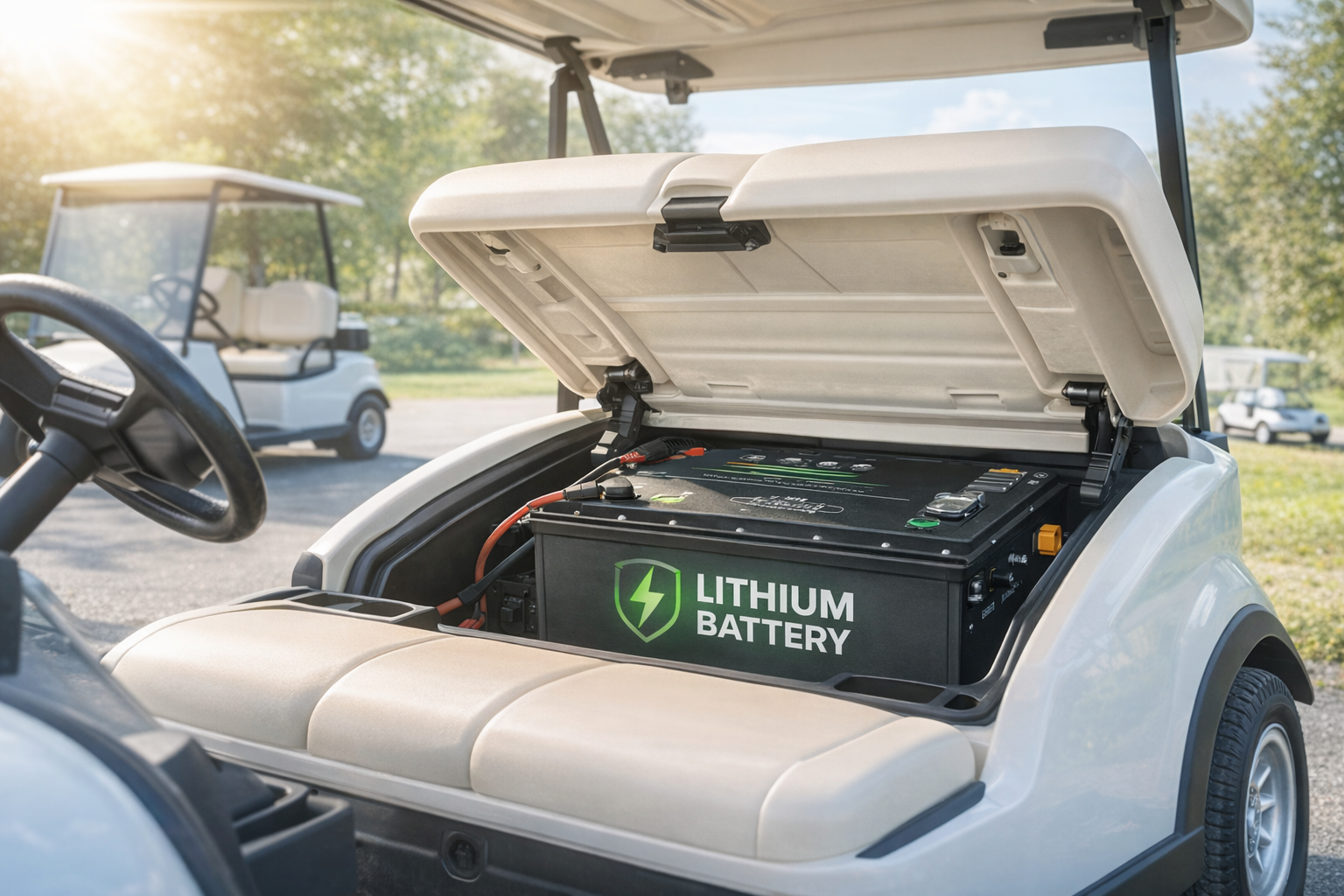 Golf cart with seat lifted showing installed lithium battery with BMS and wiring connecti