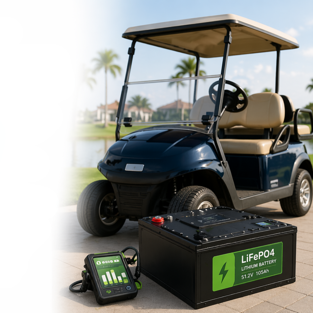 Golf cart lithium battery and diagnostics equipment showing golf cart battery service and pricing options in Ponte Vedra